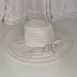 Wide Brim Sun Hat With Bow Detail For Women White & Cream Stripe 100% Co…